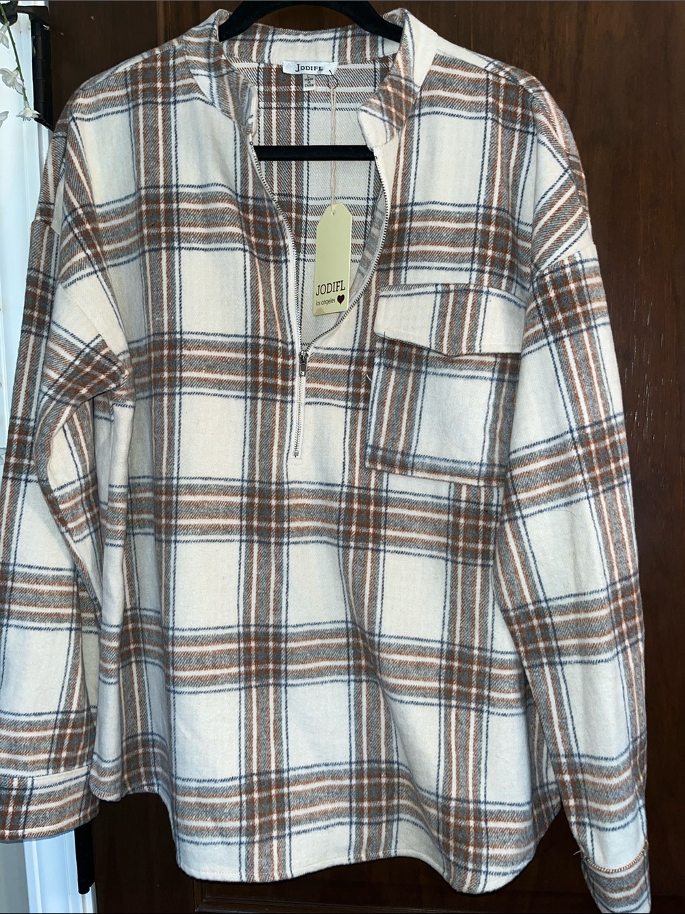 JODIFL Cream, Brown & Gray Plaid Half-Zip Teddy Jacket